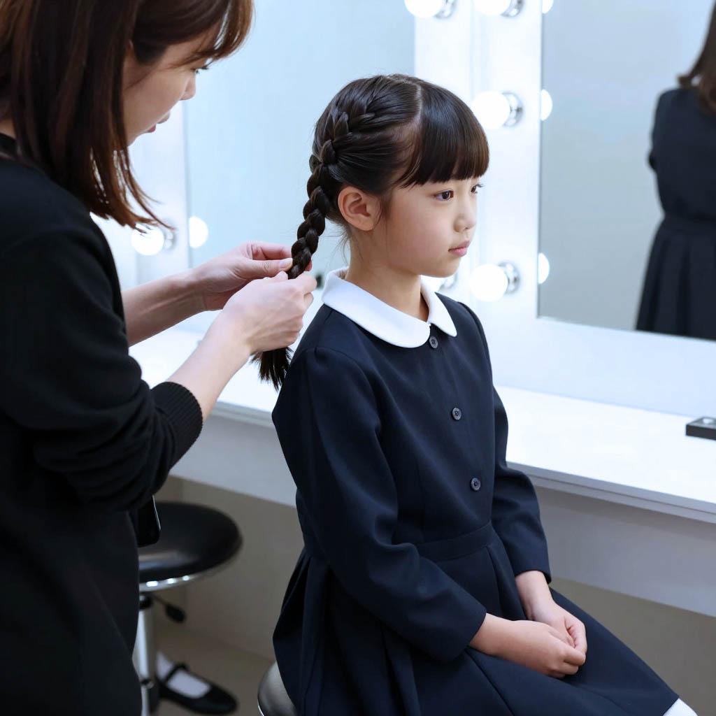 撮影前に女の子の髪型を丁寧に整える様子